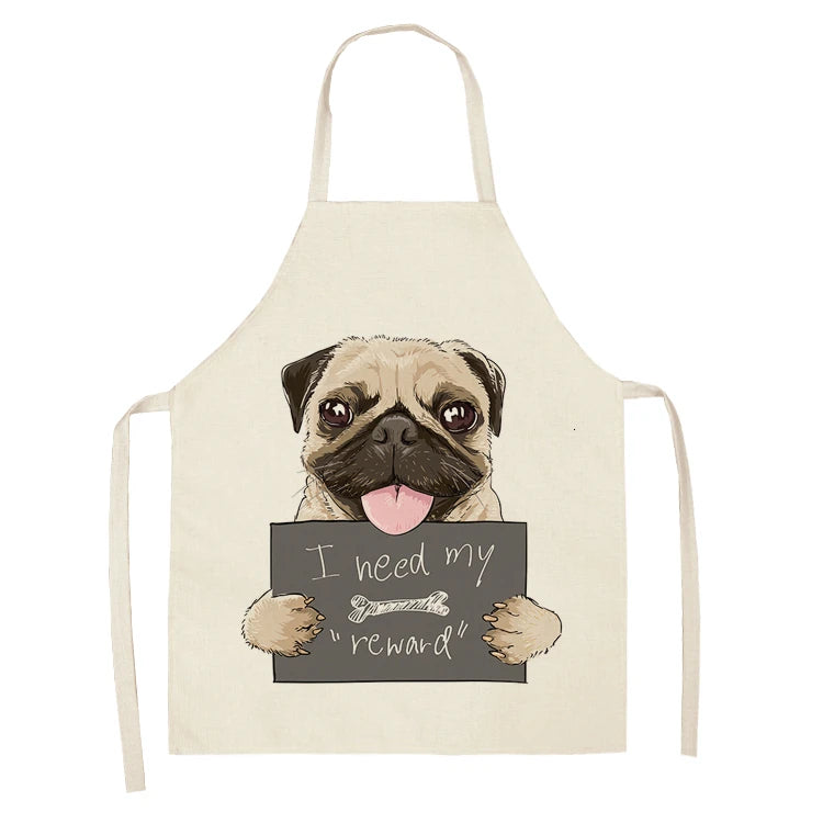 Cute Dog Pug Pattern Cotton Linen Sleeveless Chef Apron Kitchen Aprons Women Home Cooking Baking Waist Bib Pinafore 55x68cm
