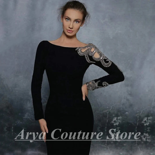 Elegant Long Sleeve Evening Dresses Tea-Length Women Event Straight Sexy Backless Dress Customized Scoop Neckline Wedding Guest