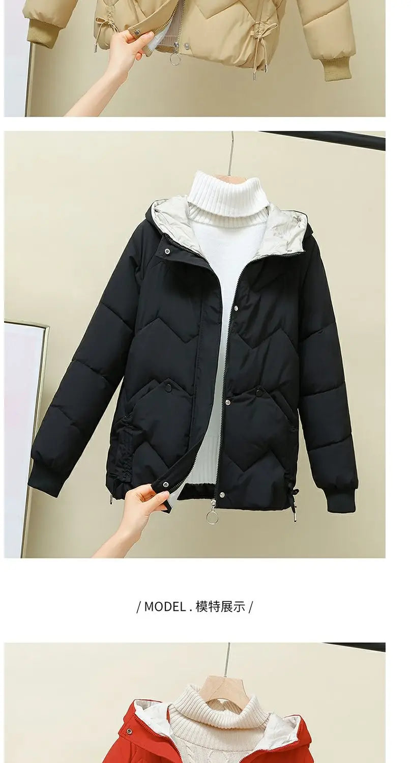 2023 Winter New Parkas Women Short Overcoat Thick Hooded bread Cotton Padded Jackets Coats Female Outwear loose cotton jacket