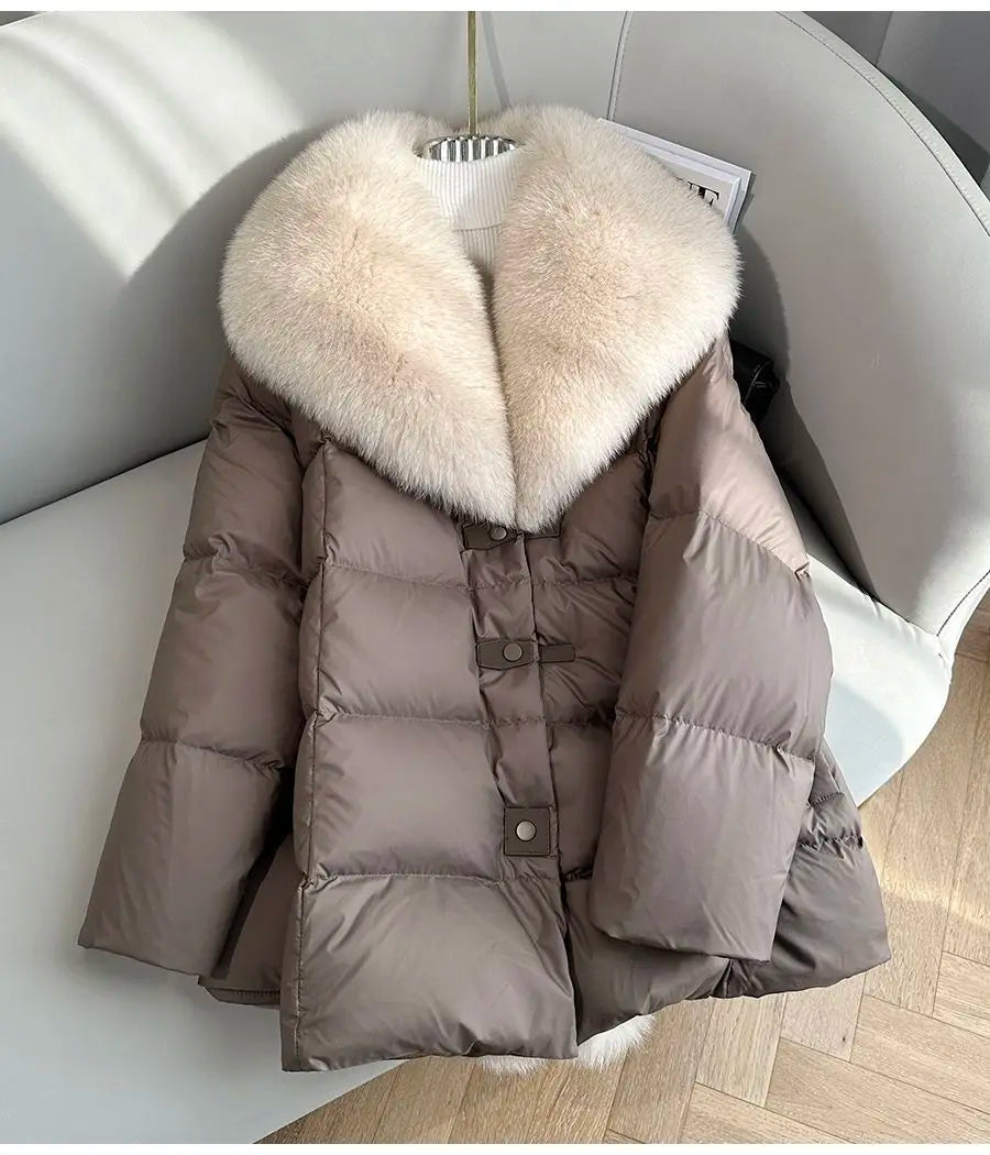 2025 Winter New Mid-length Temperament White Goose Puffer Parkas Women Fox Fur Detachable Large Lapel Fur Down Jacket High Qual