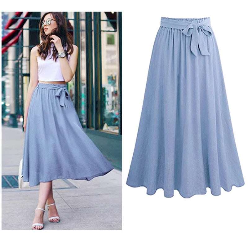 Bow Chiffon Skirts for Women Mid-Length High Waist A-line Large Swing Skirts Sweet Pink Monochromatic Summer New 8536