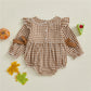 Autumn Baby Girl Thanksgiving Romper Bows Pumpkin Turkey Embroideried Plaid Ruffled Trim Crew Neck Long Sleeve Jumpsuit