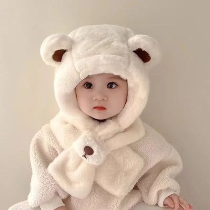 Baby Hat Autumn And Winter Boys' And Girls' Scarves In One Teddy Bear Plush Hat Winter Children's Plush Thickened Windproof Hat