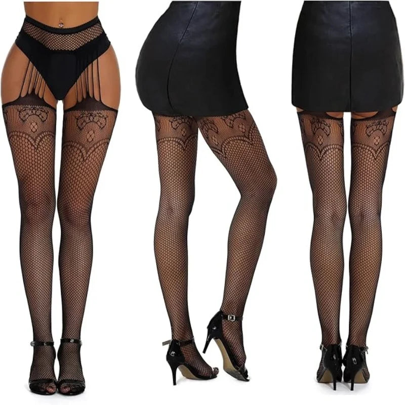 3 Pcs Pantyhose Fishnet Sexy Thigh-High Stockings Suspender Stockings for Women Garter Belt Stockings Hollow Out Pattern Tights