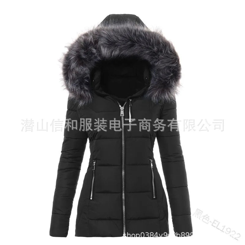 Women Parkas Jacket Cotton Coat Winter Thick Fur Collar Hooded Windproof Padded Jackets Outerwear Zipper Overcoat Office Lady