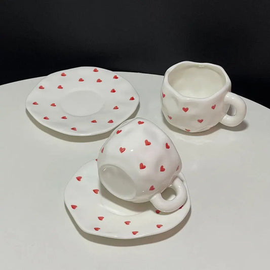 Cute Hand Pinch Irregular Painted Small Red Love Coffee Cup Plate Underglaze Ceramic Afternoon Tea Cup Plate Set