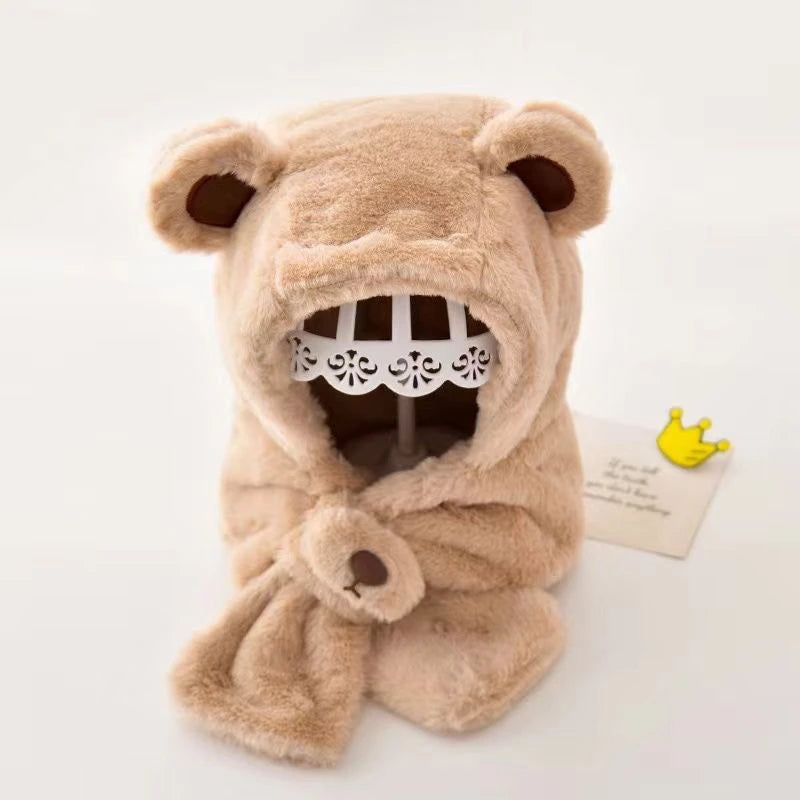 Baby Hat Autumn And Winter Boys' And Girls' Scarves In One Teddy Bear Plush Hat Winter Children's Plush Thickened Windproof Hat