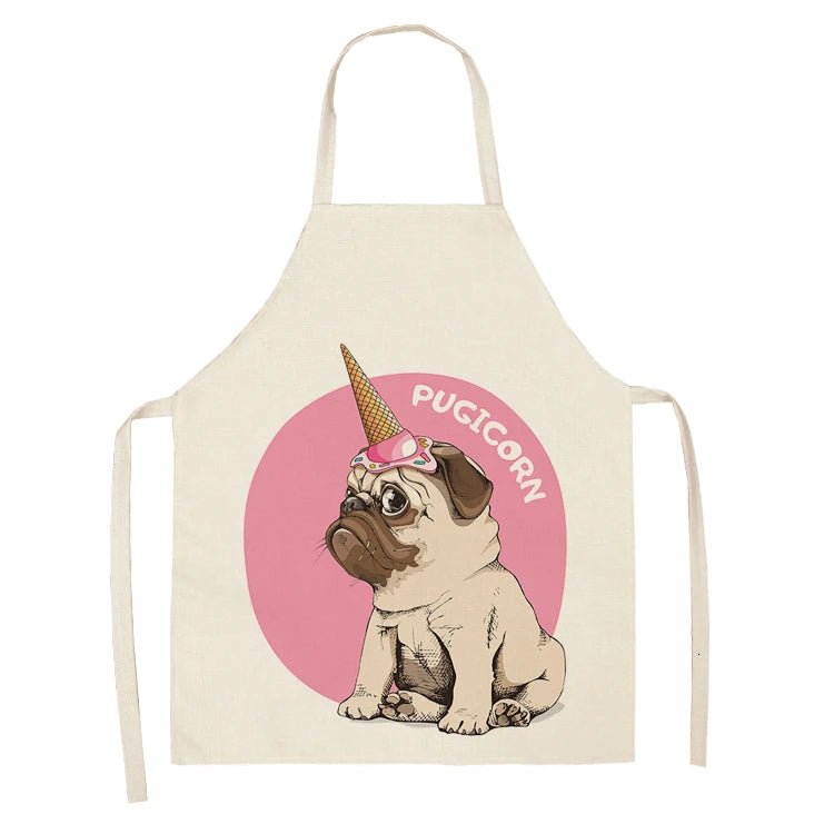 Cute Dog Pug Pattern Cotton Linen Sleeveless Chef Apron Kitchen Aprons Women Home Cooking Baking Waist Bib Pinafore 55x68cm