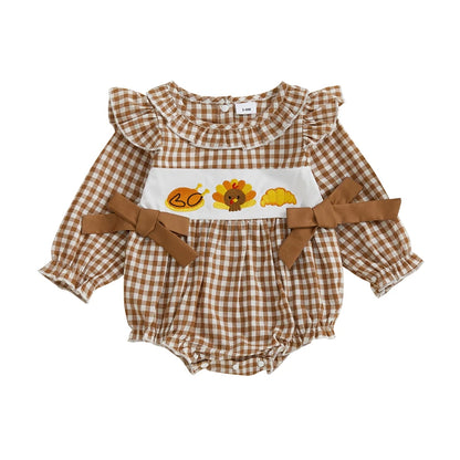 Autumn Baby Girl Thanksgiving Romper Bows Pumpkin Turkey Embroideried Plaid Ruffled Trim Crew Neck Long Sleeve Jumpsuit