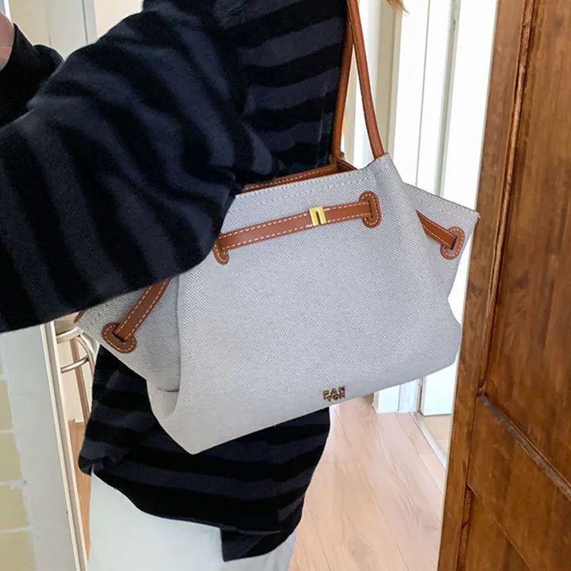 Luxury Canvas Dumpling Handbag Vintage Large Capacity Tote Bag Brand Pleated Drawstring Design Versatile Fashion Shoulder Purse