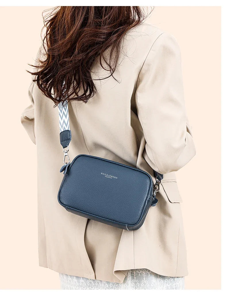 100% Genuine Leather Women Shoulder Bag 2025 New High Quality Cowhide Female Crossbody Bags Wide Shoulder Strap Girls Handbag