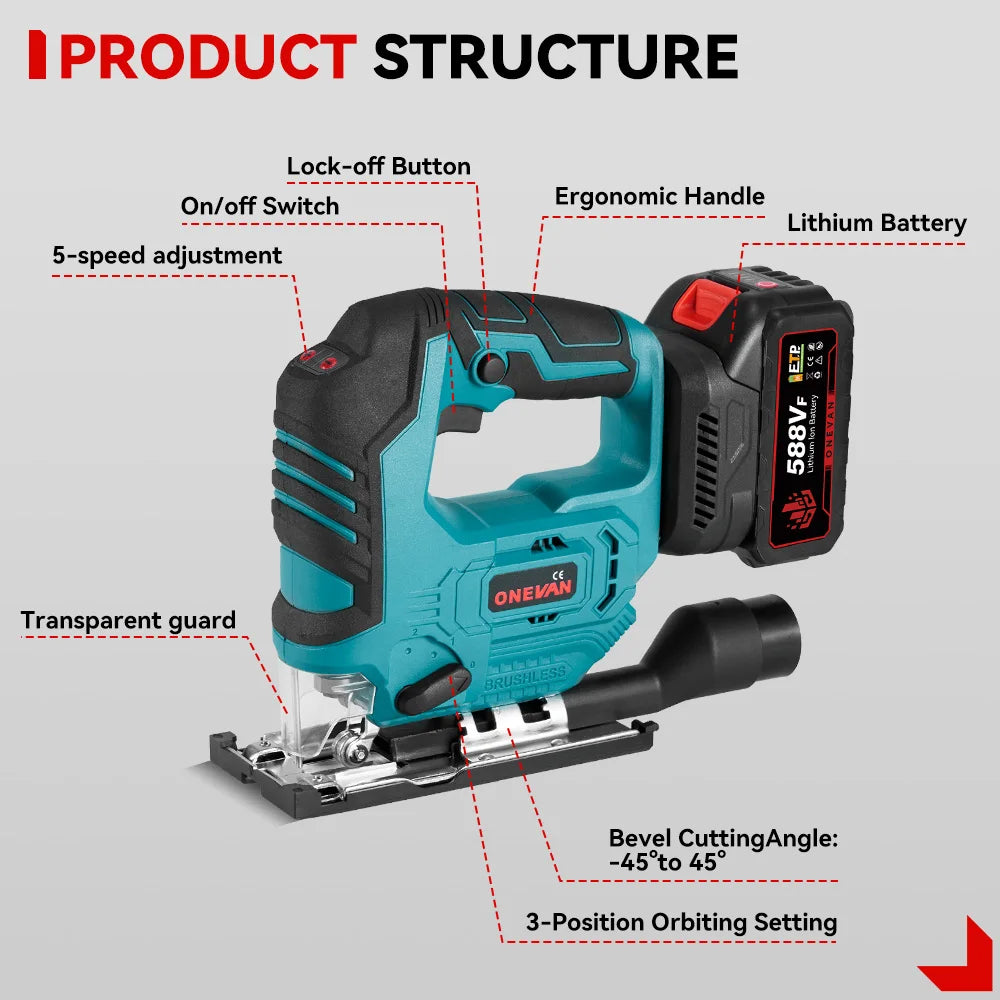 ONEVAN 1000W Brushless Electric Jig Saw 3500RPM Cordless Handheld Saw Wood&Pipe Cutting Power Tool For Makita 18V Battery pin