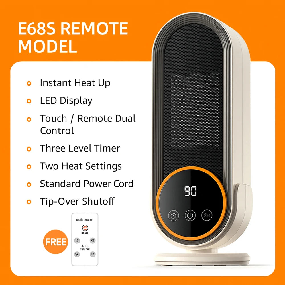PTC Ceramic Space Heater E68/E68S Desktop Fan Heater 1200W With LED Display Touch/Remote Control Tip-Over Overheat Protection