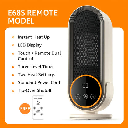 PTC Ceramic Space Heater E68/E68S Desktop Fan Heater 1200W With LED Display Touch/Remote Control Tip-Over Overheat Protection