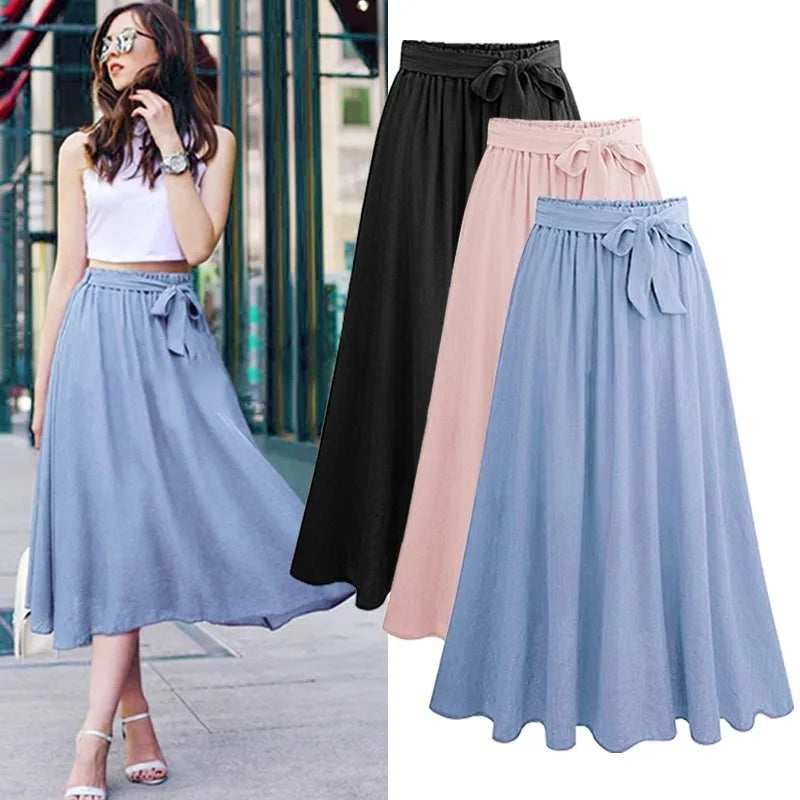 Bow Chiffon Skirts for Women Mid-Length High Waist A-line Large Swing Skirts Sweet Pink Monochromatic Summer New 8536