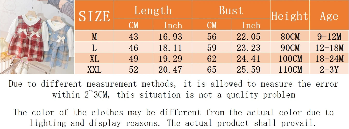 Baby Clothes Girl Spring And Autumn Bow And Plaid Fake Two Pieces Long-Sleeved Baby Dresses Cute Casual Girl Kid's Dress