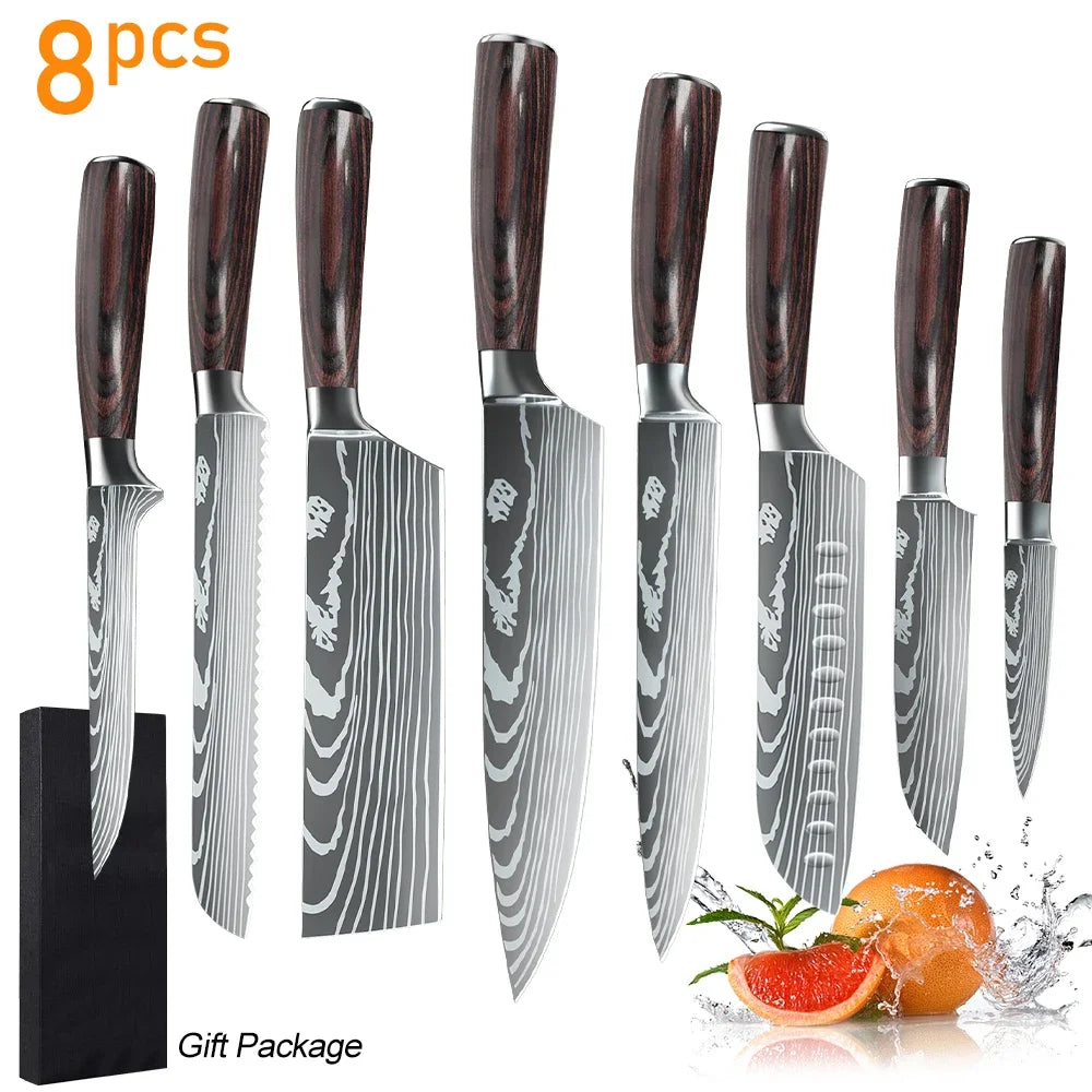MDHAND Kitchen Knife Set 3-10PCS Professional Chef Knife 7CR17 Germany Stainless Steel Damascus Laser Cleaver Slicing Santoku