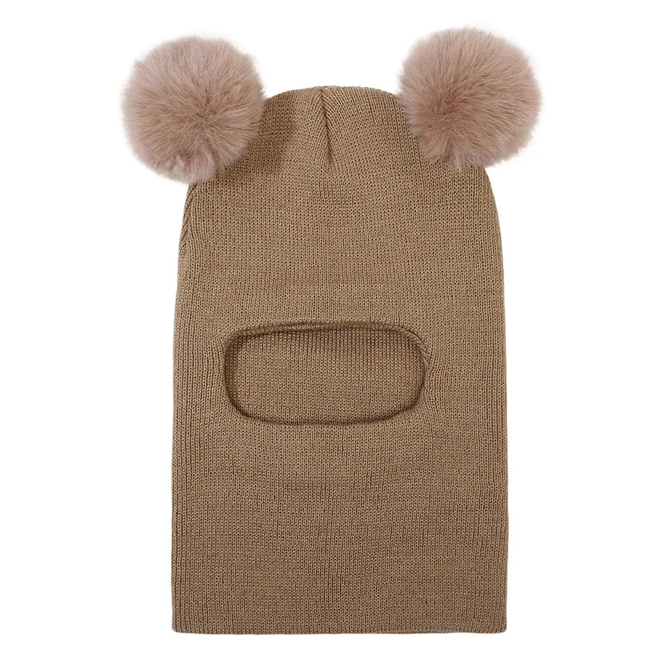 Kids Yarn Knit Balaclava Cap Autumn Winter Pullover Ear Protection Double Ball One-piece Baby Christmas Gift Hat