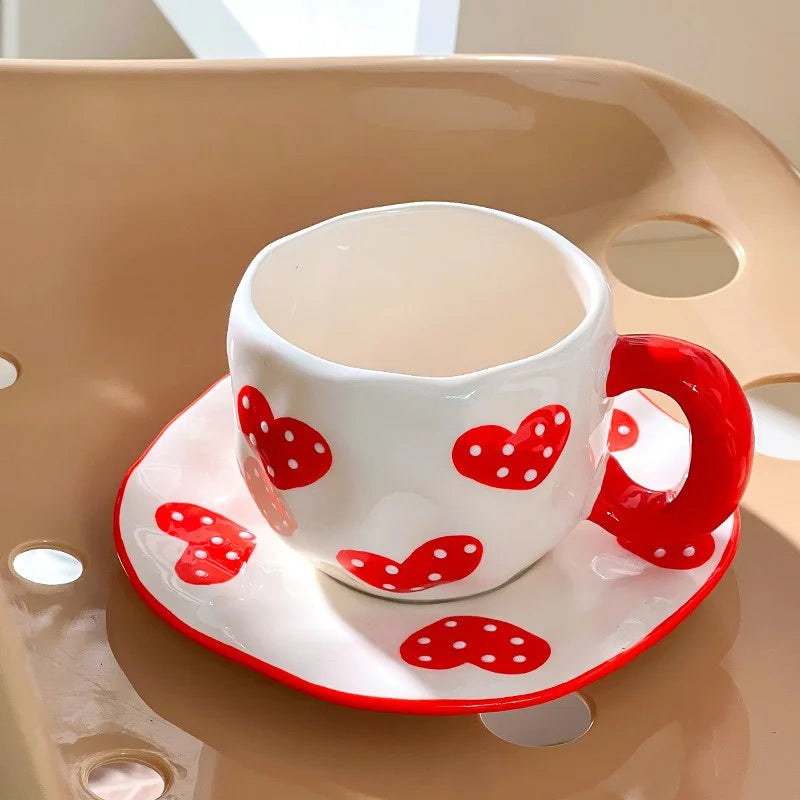 340ML Hand-painted Flower Love heart Ceramic Coffee Cup with Saucer Home Office Water Cup Breakfast Milk Juice Teacup Gift Set
