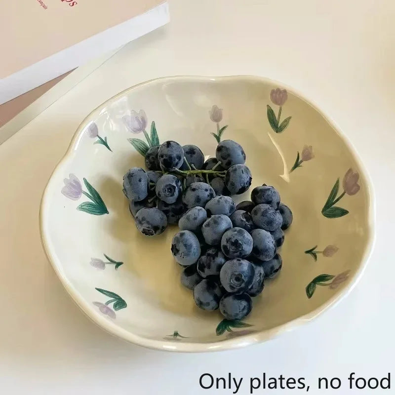 1PCS Ceramic Salad Bowl Hand Pinched Irregular Ins Korean Style Cream Yellow Yogurt Bowl Oatmeal Breakfast Plates Flower Bowl