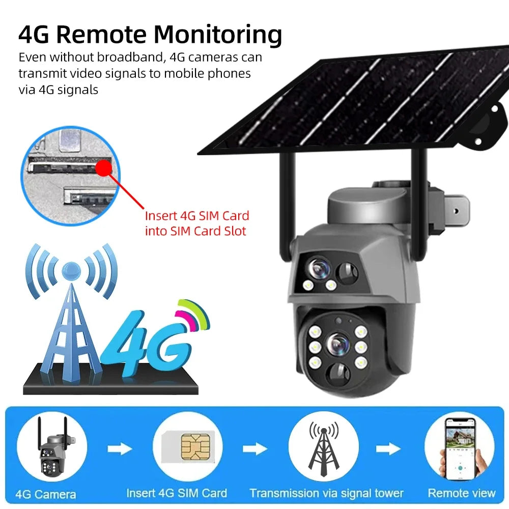 4G Solar Camera Outdoor Dual Lens 8MP 4K WiFi PTZ IP Security Camara With Solar Panel CCTV Built in Battery Auto Tracking Cam