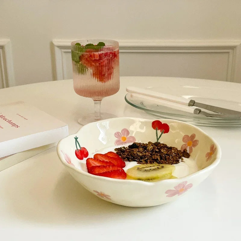 1PCS Ceramic Salad Bowl Hand Pinched Irregular Ins Korean Style Cream Yellow Yogurt Bowl Oatmeal Breakfast Plates Flower Bowl