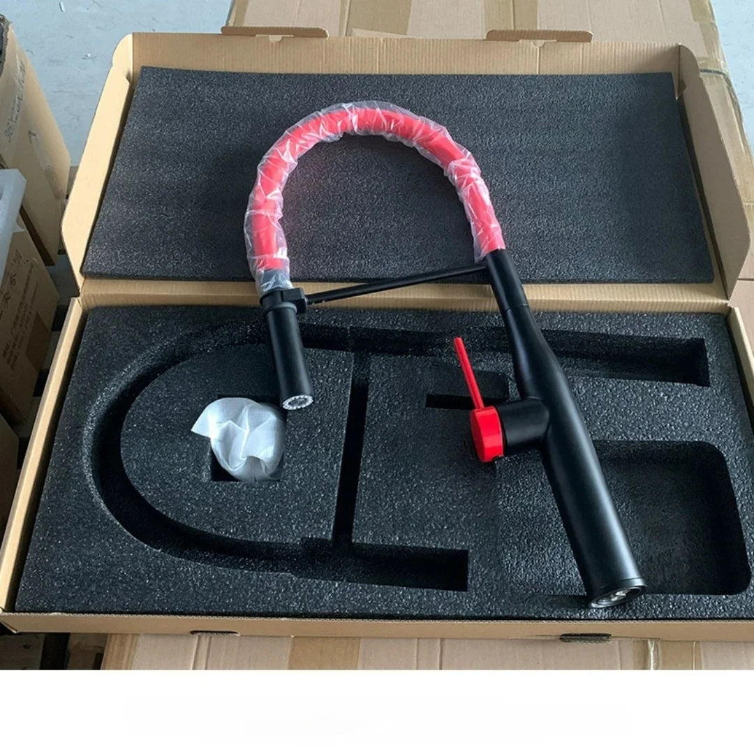 Tuqiu Gray Pull Down Sink Faucet Brushed Nickel Kitchen Faucet Tap Hot and Cold Red Spring Faucet SUS304 Rotation Pull Down