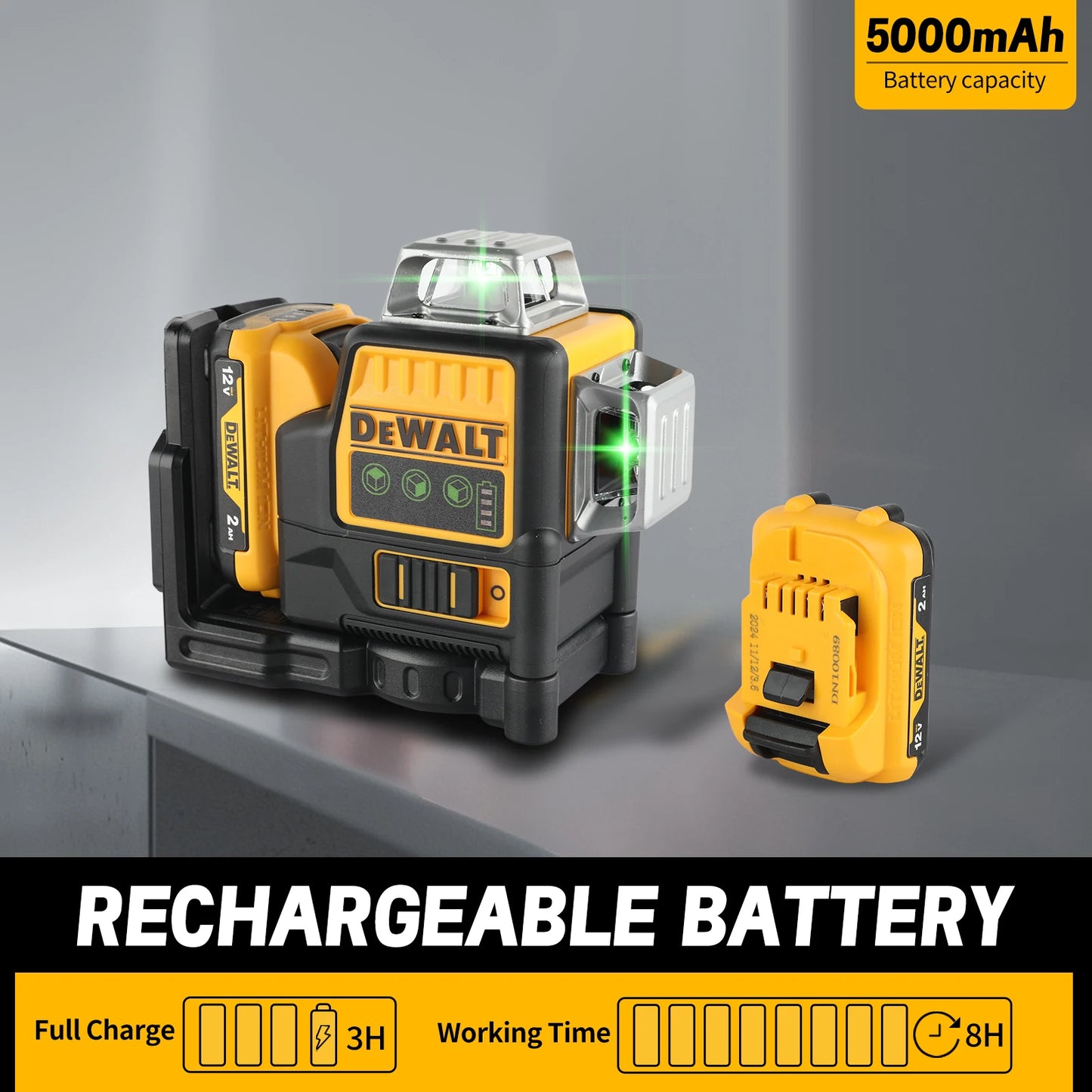 2025 New DEWALT DW089LG Laser Level - 12V Lithium Battery, 360° Horizontal & Vertical Green Lines, 3 Sides Coverage