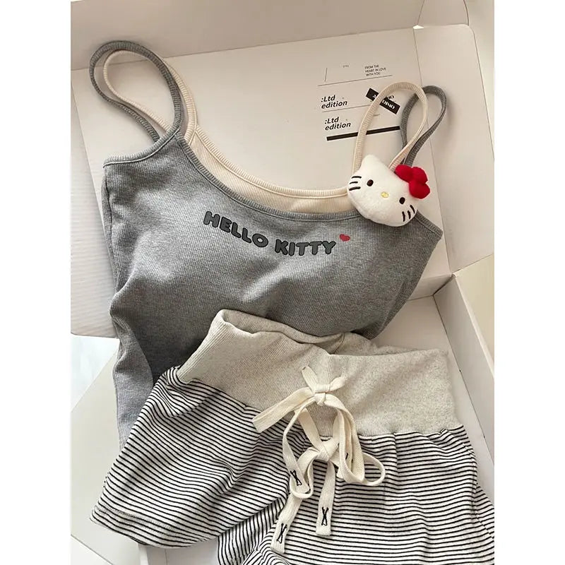 2Pcs Kitty  Women's Pajamas set shorts Cartoon Home Clothing Sling Y2K Sweet Summer Cool Chest Pad Vest Shorts Korean Clothes