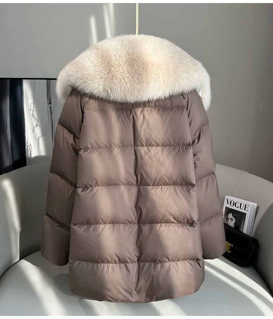 2025 Winter New Mid-length Temperament White Goose Puffer Parkas Women Fox Fur Detachable Large Lapel Fur Down Jacket High Qual