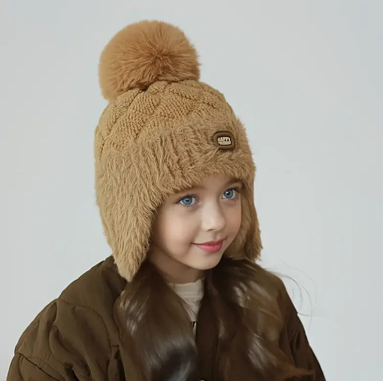 Kids Winter Hat with Ear Flaps Hat with Furry Pom-Pom & Plush Lining - Soft Warm Beanie for Boys & Girls for & 4-10 Y