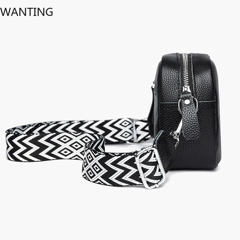 100% Genuine Leather Women Shoulder Bag 2025 New High Quality Cowhide Female Crossbody Bags Wide Shoulder Strap Girls Handbag