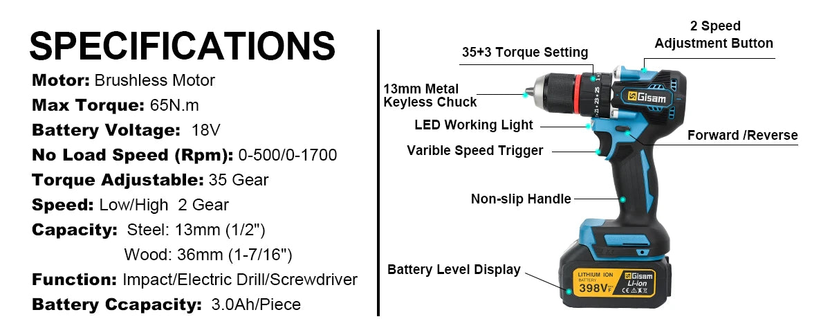 Gisam Brushless Power Tools Sets Electric Impact Wrench Electirc Drill Angle Grinder Electric Hammer For Makita 18v Battery Pins