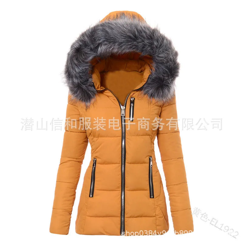 Women Parkas Jacket Cotton Coat Winter Thick Fur Collar Hooded Windproof Padded Jackets Outerwear Zipper Overcoat Office Lady