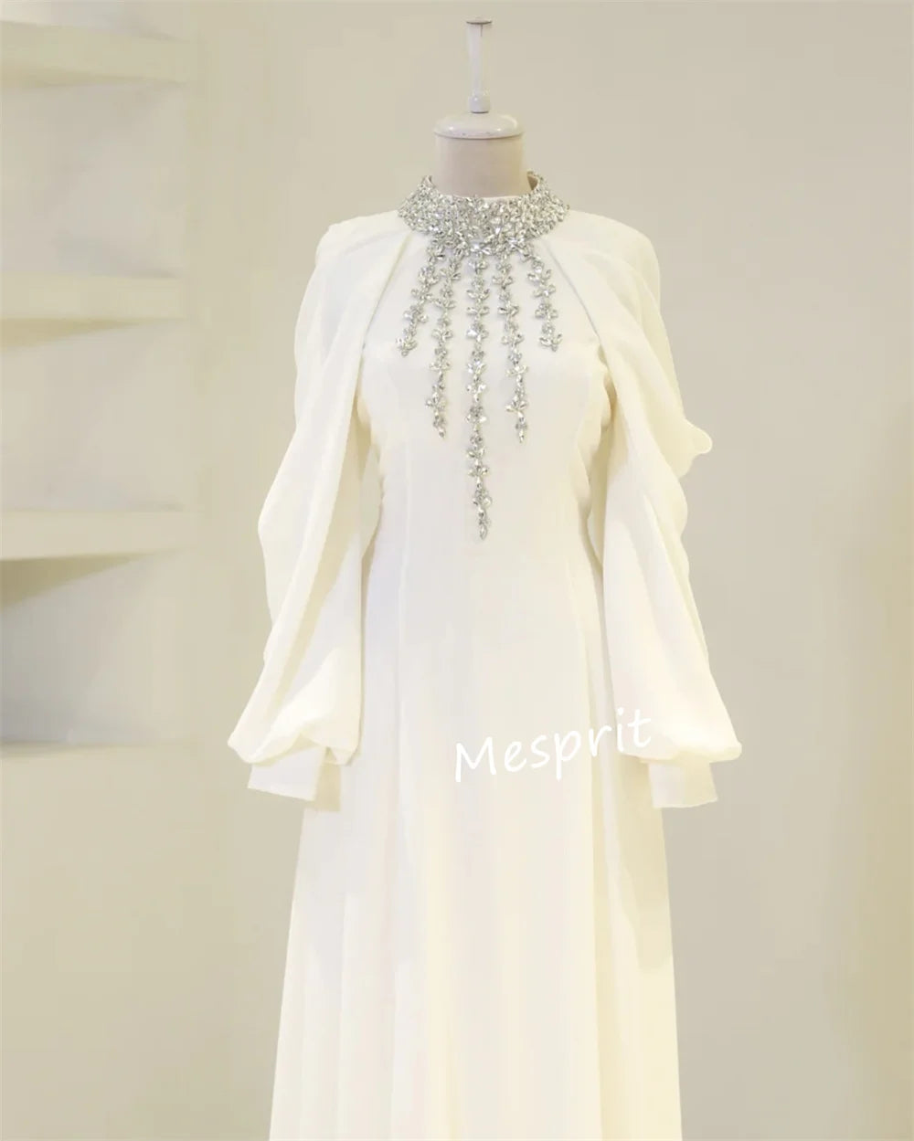 Matching Jersey Pleat Sequined A-line High Collar Long Dresses Bespoke Occasion Intricate Formal