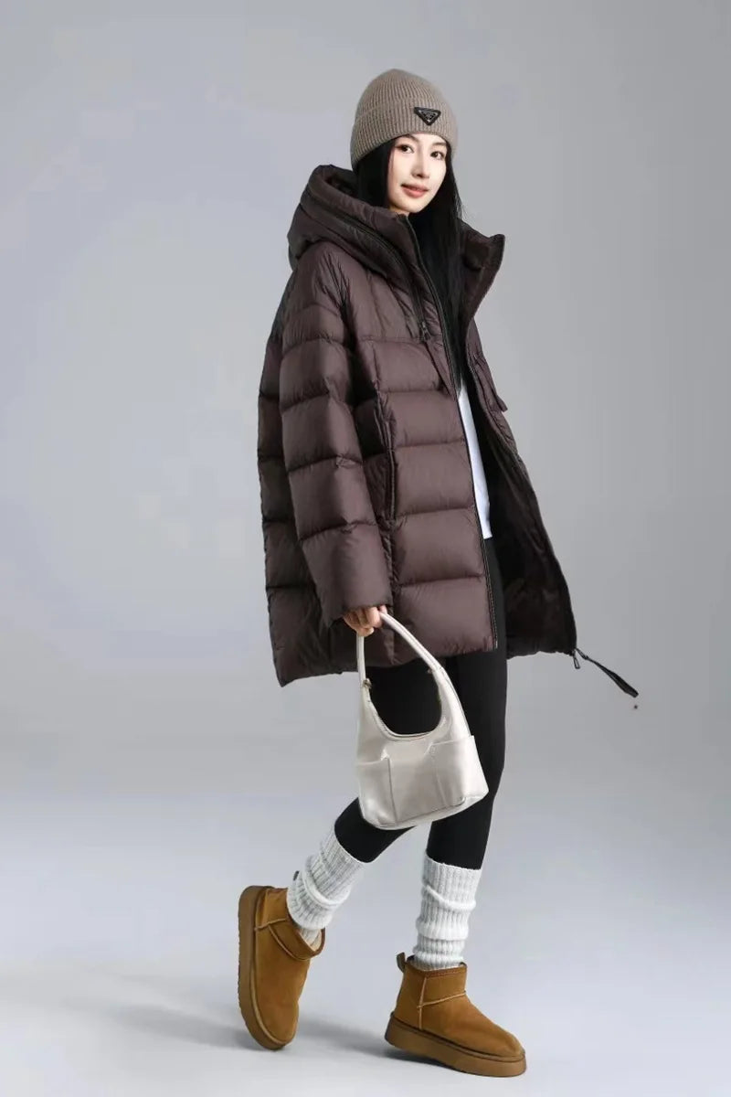 Winter Hooded Warm Mid Length Down Jacket Female Double Zipper Solid Parker Outwears Women 90% White Duck Down Loose Down Jacket