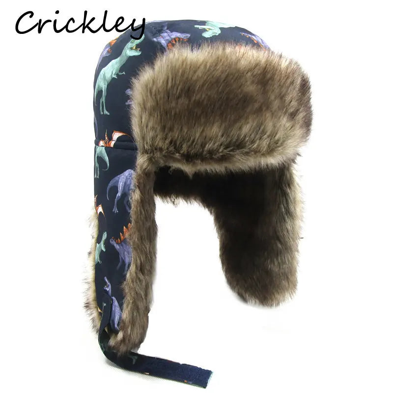 Winter Children Fur Keep Warm Hats Cartoon Dinosaur Pattern Ushanka Caps for 1-10 Years Boys Girls Windproof Soft Skiing Hat