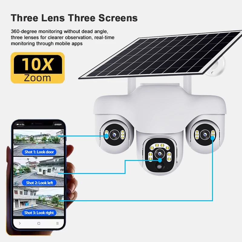 Three Lens Three Screens WIFI Solar Camera 15MP 10X Zoom CCTV Outdoor Automatic Tracking Humanoid Detection PTZ IP66 Cam V380