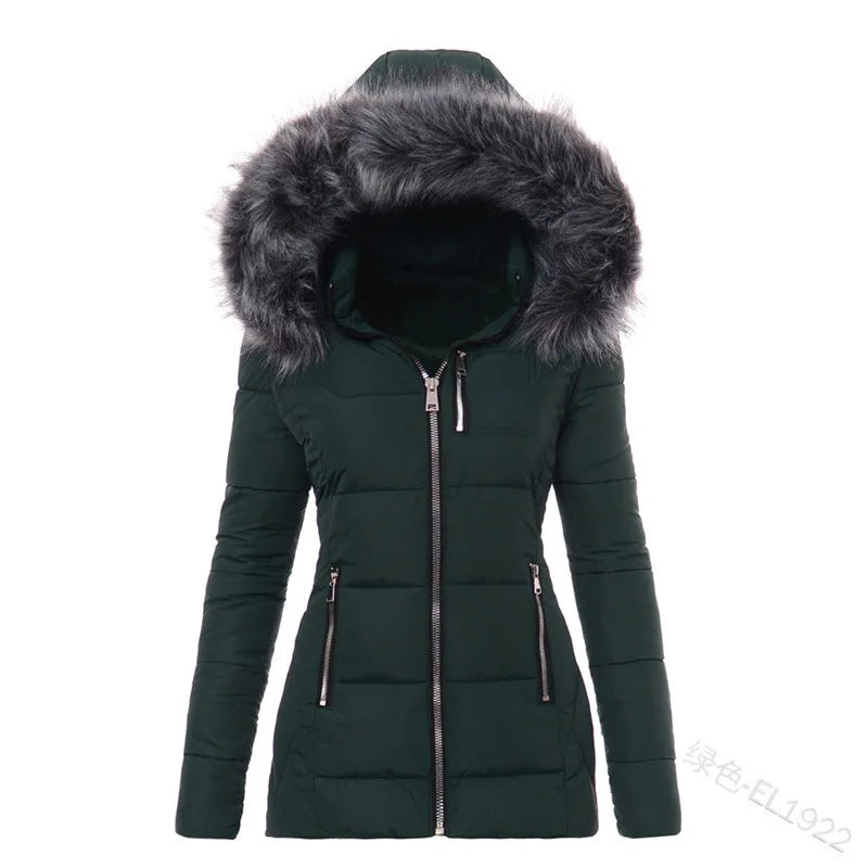 Women Parkas Jacket Cotton Coat Winter Thick Fur Collar Hooded Windproof Padded Jackets Outerwear Zipper Overcoat Office Lady