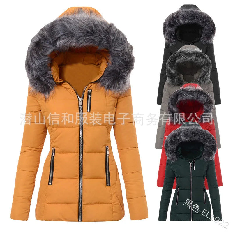 Women Parkas Jacket Cotton Coat Winter Thick Fur Collar Hooded Windproof Padded Jackets Outerwear Zipper Overcoat Office Lady