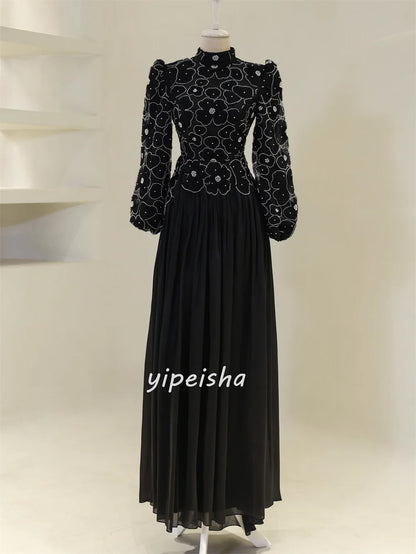 Fashion Chiffon Handmade Flower Beading Straight High Collar Long Dresses Bespoke Occasion Dresses Retro