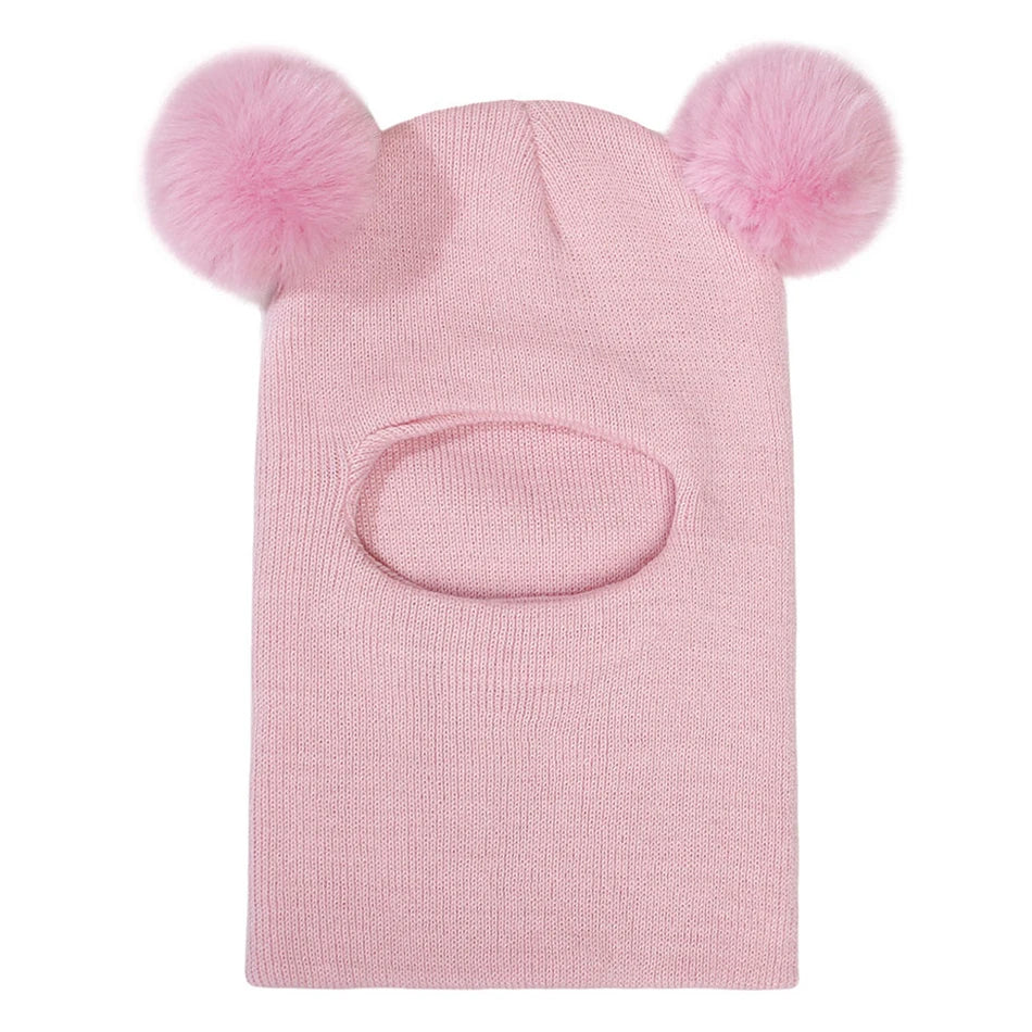 Kids Yarn Knit Balaclava Cap Autumn Winter Pullover Ear Protection Double Ball One-piece Baby Christmas Gift Hat