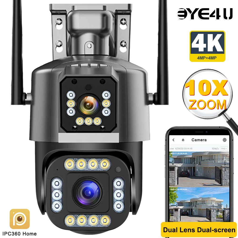 4K Dual Lens Camera Outdoor 10X Zoom PTZ 5K Triple Lens Security Cameras Auto Tracking 8K Four Lens Video Surveillance Webcam