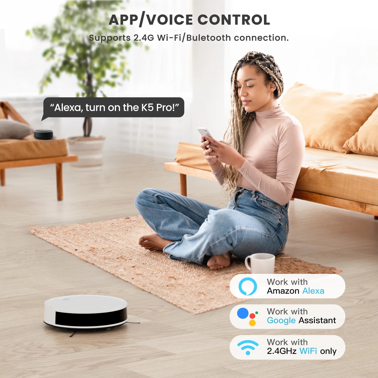 OKP K5P Robot Vacuum Cleaner, 5000Pa, 180 Mins, WiFi/App, Slim Design, Self-Charging, Perfect for Hard Floors, Pet Hair, Carpets