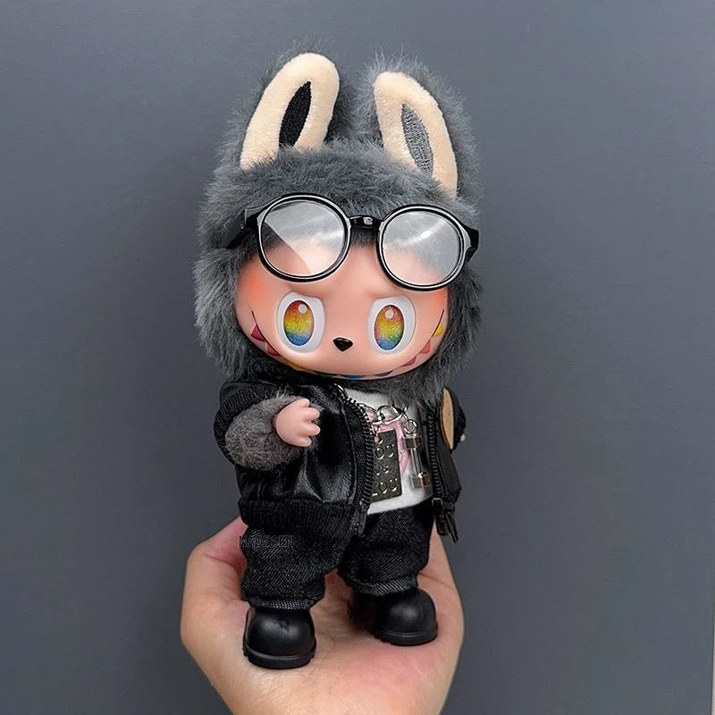 Labubu 1-3 Gen Doll Outfits High-Energy Themed Black Jacket Pants Necklace & Glasses SetChangeable Clothes for Labubu 3.0