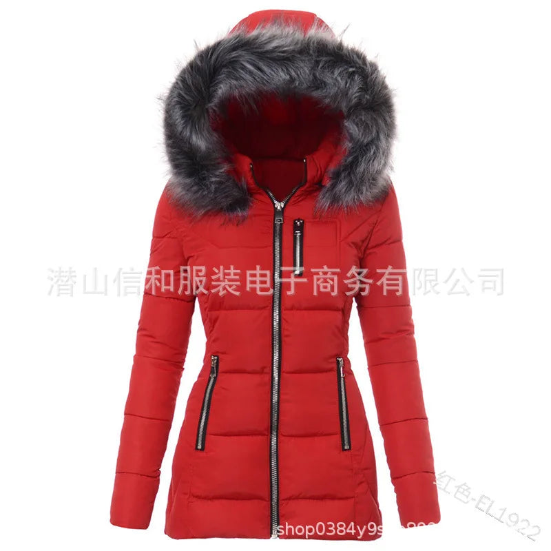 Women Parkas Jacket Cotton Coat Winter Thick Fur Collar Hooded Windproof Padded Jackets Outerwear Zipper Overcoat Office Lady