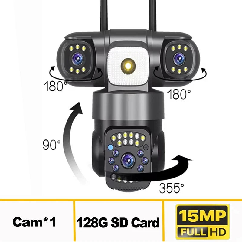 15MP 8K 3 Lens solar security cameras wifi outdoor Waterproof PIR Night Vision Two-Way Audio Mobile Tracking Security IP Cameras