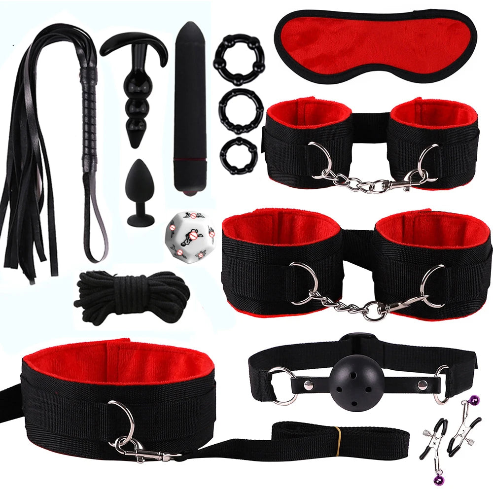 Exotic Bed Bondage Set BDSM Kits Exotic Sex Toys For Adults Games Leather Handcuffs Whip Gag Nipple Clamps Women Sex Products