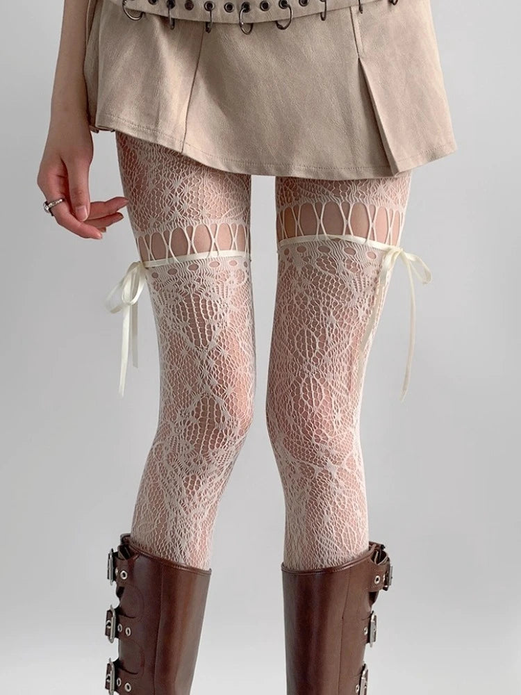 New Design Beige Tights Women Sexy See Through Mesh Sheer Fishnet Stockings JK Uniform Bow Tie Strap Lace Bottoming Pantyhose