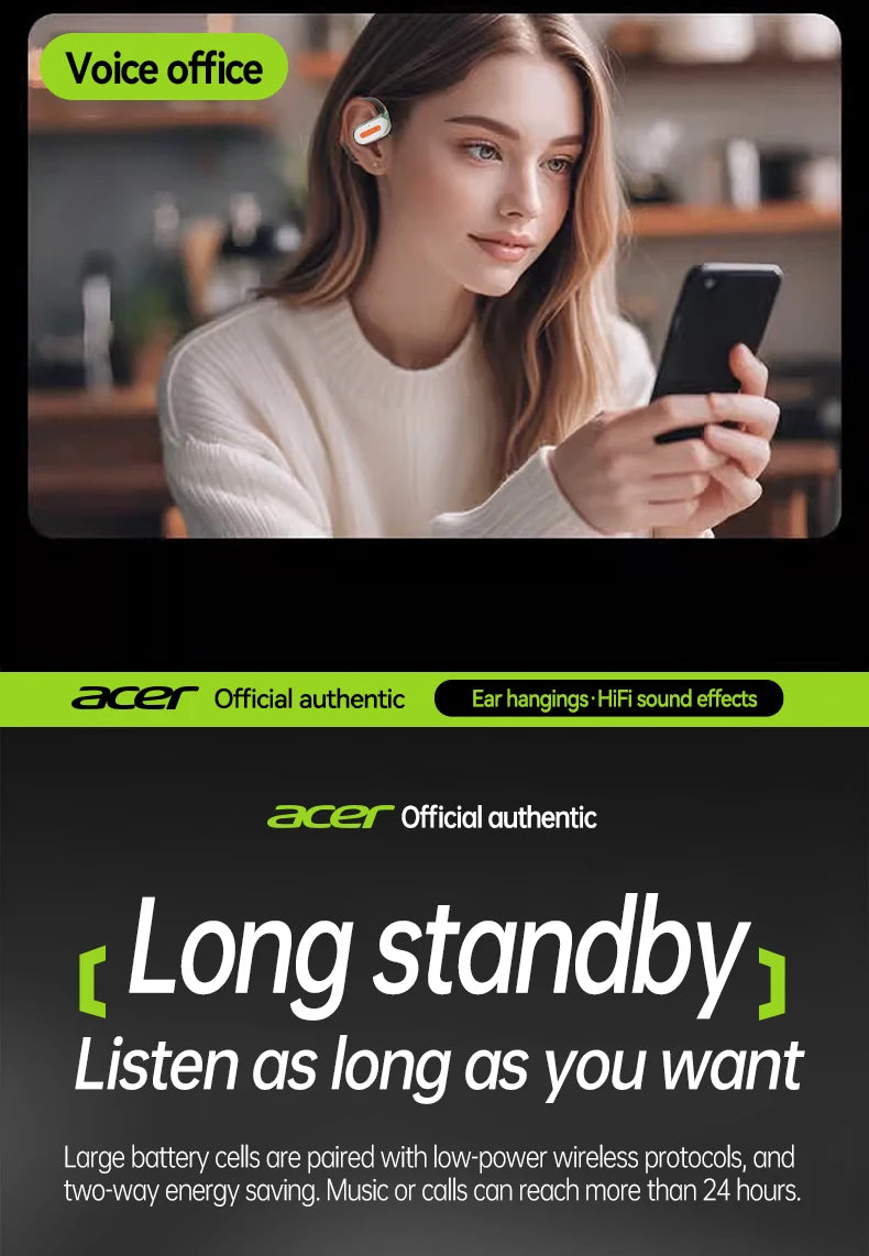 Acer Ohr502 Bluetooth Headset Open Design Wireless Call Noise Reduction Comfortable Wearing Sports Running Fitness Compatible with Mobile Phones Tablets Laptops